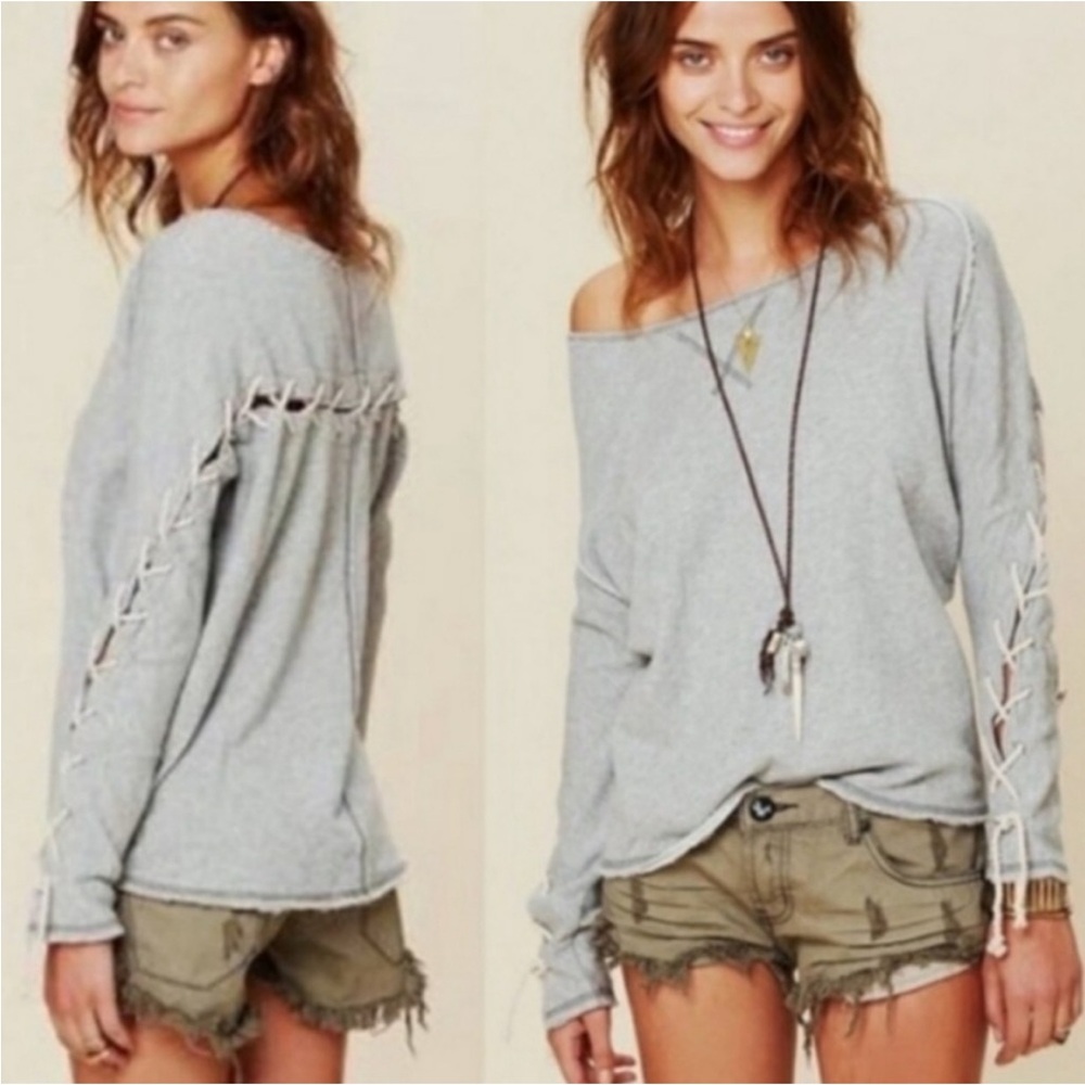 Free People Out to sea lace up sweatshirt top